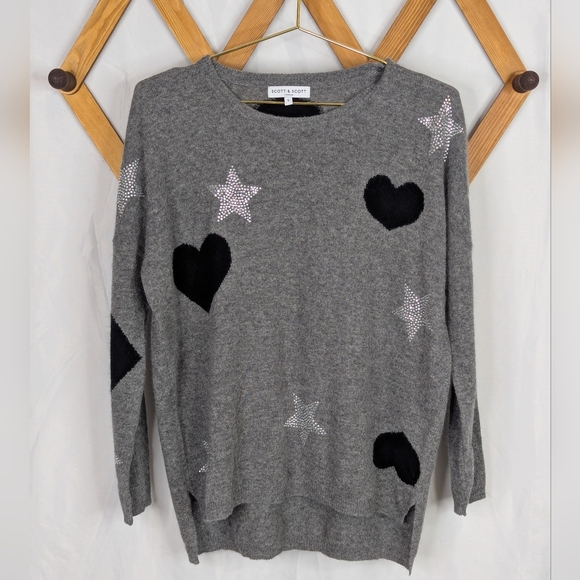 SCOTT & SCOTT LONDON Sweaters - Scott & Scott 100% Cashmere Heart Rhinestone Star Grey Sweater - Size Small